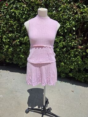 Pink Pointelle Knit Skirt Set Women's Small Y2K Ribbed Mock Neck Ruffle Co Ord